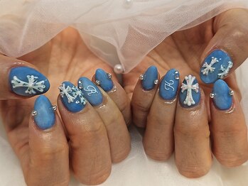 デニムクロムネイル/小花ネイル