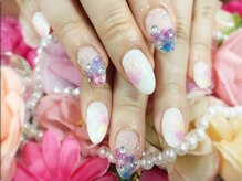 ネイルサロン 爪吉/淡いタイダイ＆お花が素敵♪