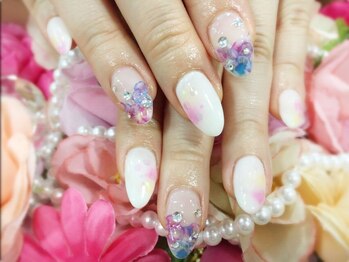 ネイルサロン 爪吉/淡いタイダイ&お花が素敵♪