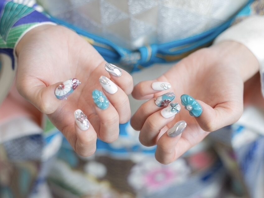 05))バタフライ フレンチガーリー ブライダルネイル 埋めつくし ネイル