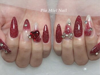 ピオミエルネイル 新宿(pio miel nail)/ルビーレッド×ローズきらめき