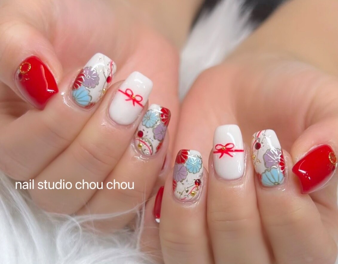 14］ネイルチップ リボン 韓国 らくがき ホログラム ハート オーダー