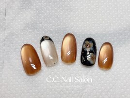 秋ネイル/ブラウン/ニュアンス花