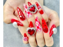赤チェックロングネイル☆
