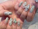 ミントグリーン×フラワーネイル