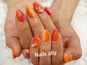 ネイルズアリー 立川店(Nails ally)/サマーオレンジ×ピンク縦グラ