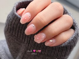 チークネイル×立体リボンネイル