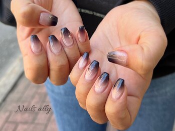 ネイルズアリー 立川店(Nails ally)/黒グラデ×ワンホンネイル