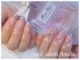 ガラスフレンチ＋ビジューネイル