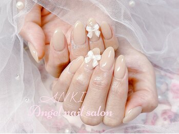 エンジェルネイルサロン(Angel nail salon)/シンプルベージュX白リボン