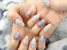 ディーネイル 池袋(D-nail)/【森】水色チェック×パールお花