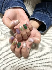 グリーンシルバー韓国風ネイル