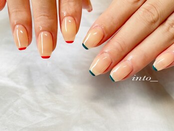 ネイルサロン イントゥ(into_)/細フレンチ　レッド　グリーン