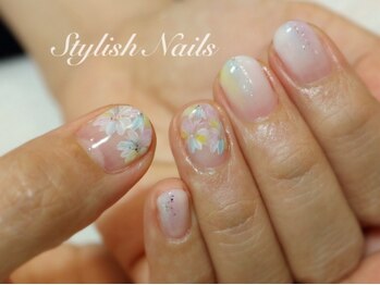 スタイリッシュネイルズ(Stylish Nails)/手描きフラワーフレンチネイル