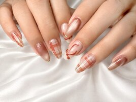 チェックネイル　リボン　秋