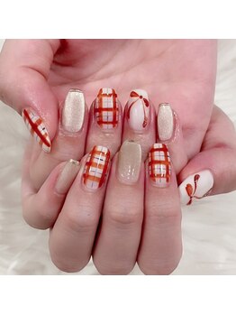 チェック×リボン