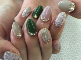 カーキ×ツイードネイル￥8200