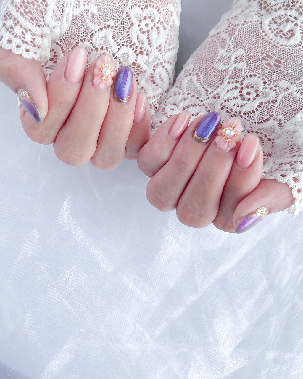 ピンクブルーワンホンニュアンスネイル オーロラ 韓国 ビジュー ハート