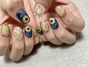 アイネイルズ 渋谷店(I nails)/ひまわりネイビーニュアンス