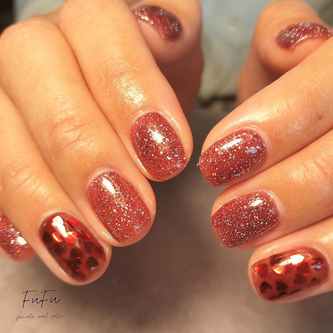 【オーダー】ネイルチップ チェリー ハート ボルドー オーダー】ネイルチップ チェリー ハート ボルドー 秋 ショート