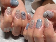 ミリネイルズ(milli nails)/くすみブルー×リボン