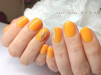 ラメ入りオレンジ×シェルアート