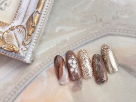 ブラウン×ラメ×ミラーネイル