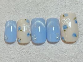 フラワーリボン手描きネイル