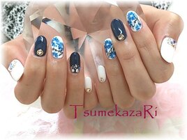 ブルーフラワー★ネイビー＆白