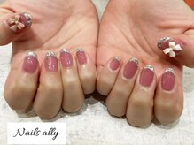 ネイルズアリー 立川店(Nails ally)/ガラスフレンチ×リボン×シアー