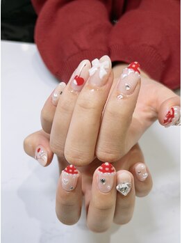 赤チェック×さくらんぼネイル