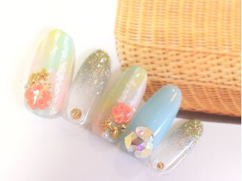 ネイルサロン ティディ(TIDY)/お花とストライプ#リゾート