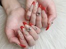 赤フレンチビジューネイル