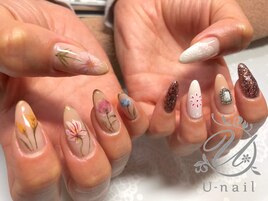 手描きフラワー×ちぐはぐネイル