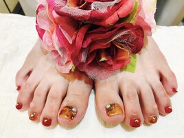 べっ甲×レッド秋ネイル