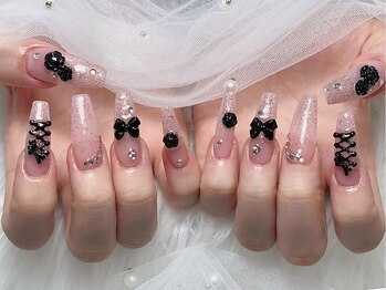 ピオミエルネイル 新宿(pio miel nail)/シアーピンク×ブラックリボン