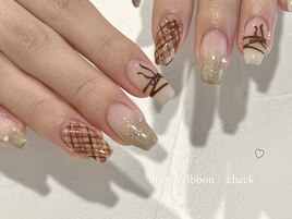 チェック/リボン/ブラウン