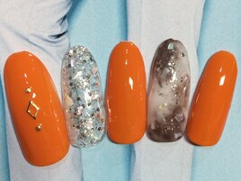 オレンジ×アートネイル