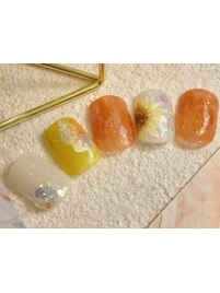 ひまわりネイル夏　オレンジ