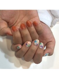 オレンジ＆お魚ネイル