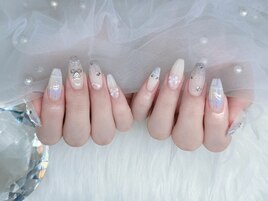 パープルチェック×リボンネイル