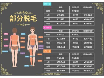 トゥルー(true)/部分脱毛1　料金表