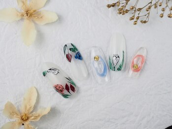 ソウ 難波店 nail salon Sou/ニュアンス手描きフラワーnail