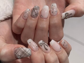 チェック×リボン