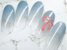 チェリーズネイル(Cherrys Nail)/水色 ラメグラ リボンネイル