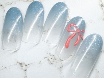 チェリーズネイル(Cherrys Nail)/水色 ラメグラ リボンネイル