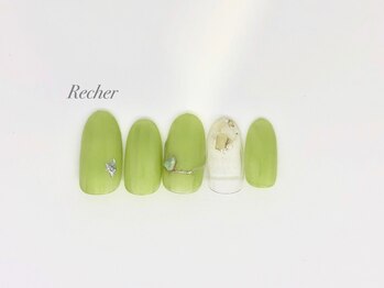 ネイルサロンリシェ 烏丸御池(Recher)/爽やかグリーン×ミラー細ライン