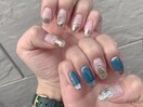 くすみブルー×ミラーネイル