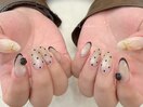 ドット×バラ×黒フレンチネイル