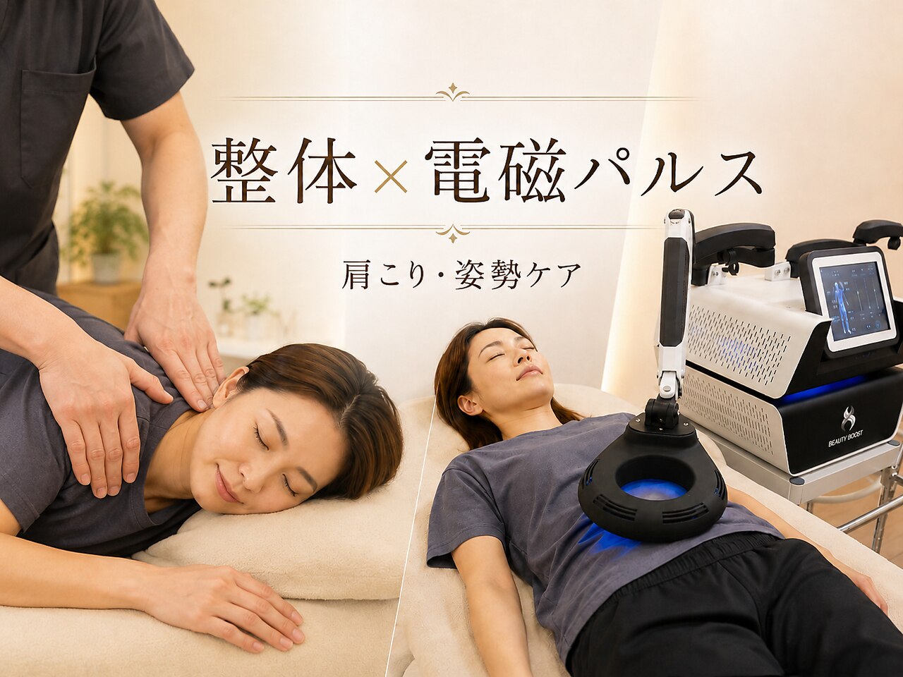 肩こり特化全身整体×電磁パルス＋ウォーターマッサージ★形状記憶整体 70分
